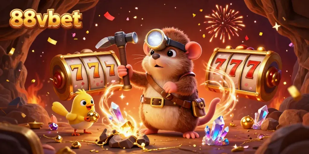 Experience thrilling slot action with the treasure hunter mole and canary in a vibrant illustration for 88vbet.