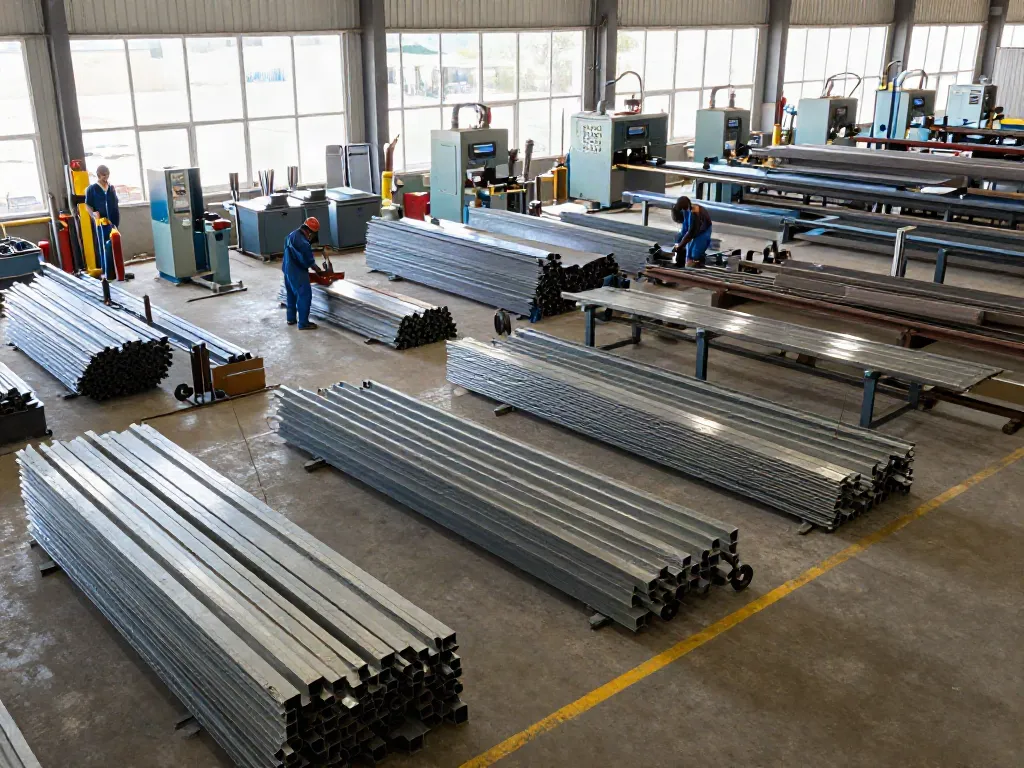Steel fabrication process in a professional workshop with skilled workers creating custom gates and railings.