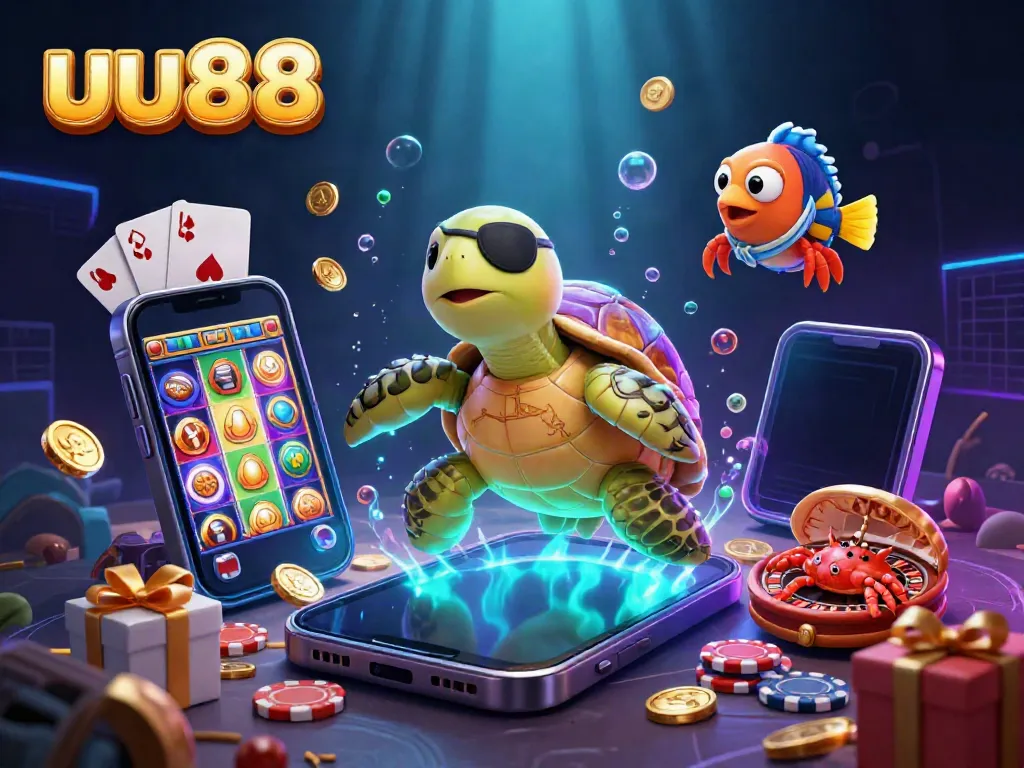 Experience the thrill of uu88 with a pirate turtle and friends above treasure, amidst vibrant slot games and golden coins.