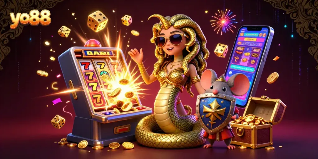 Catch the excitement with yo88 and experience a vibrant casino scene with slot machines and winning elements.