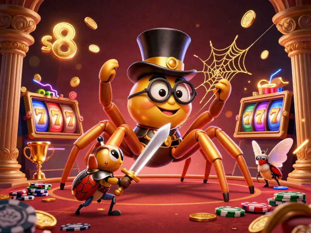 Engage with the excitement of s8 casino entertainment as a giant golden tarantula spins golden slot reels amidst brilliant gaming elements.