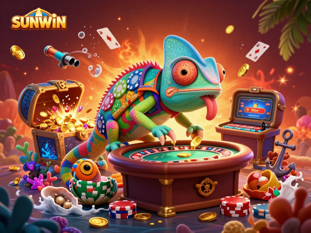 Experience thrilling gameplay at sunwin with a vibrant 3D casino scene featuring unique characters and elements.