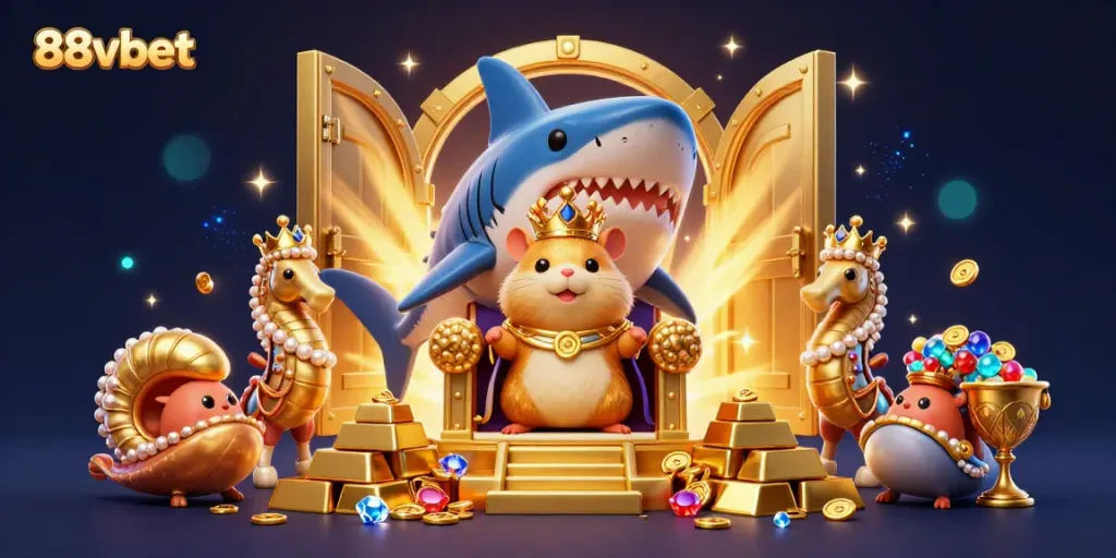 Experience the thrilling world of 88vbet with a vibrant 3D casino scene featuring a royal hamster king.