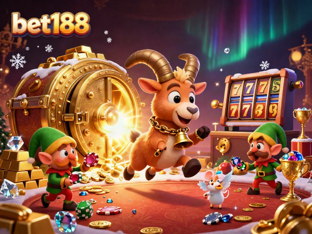 Experience the excitement of bet188 with vibrant casino chaos, featuring Krampus and mischievous elves stealing chips.