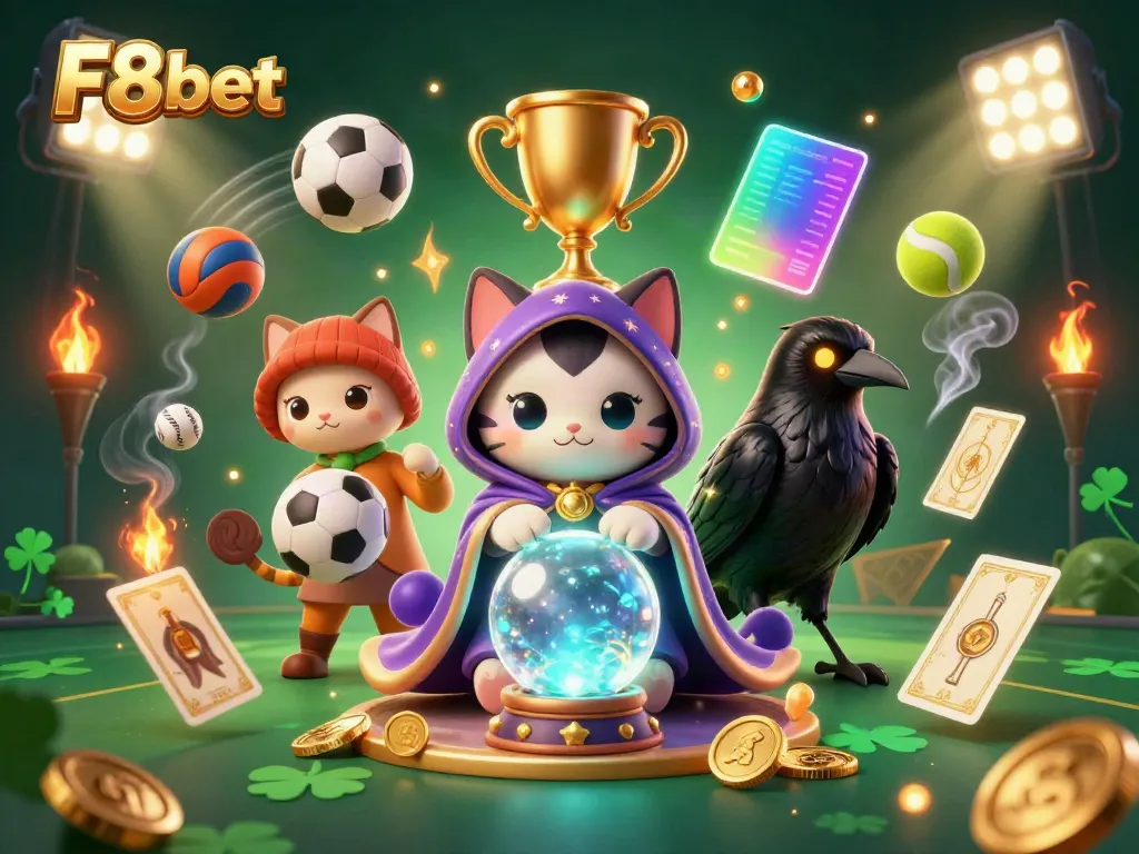 Experience the thrill of gaming with F8bet's vibrant 3D casino illustration featuring fortune tellers and sports elements.