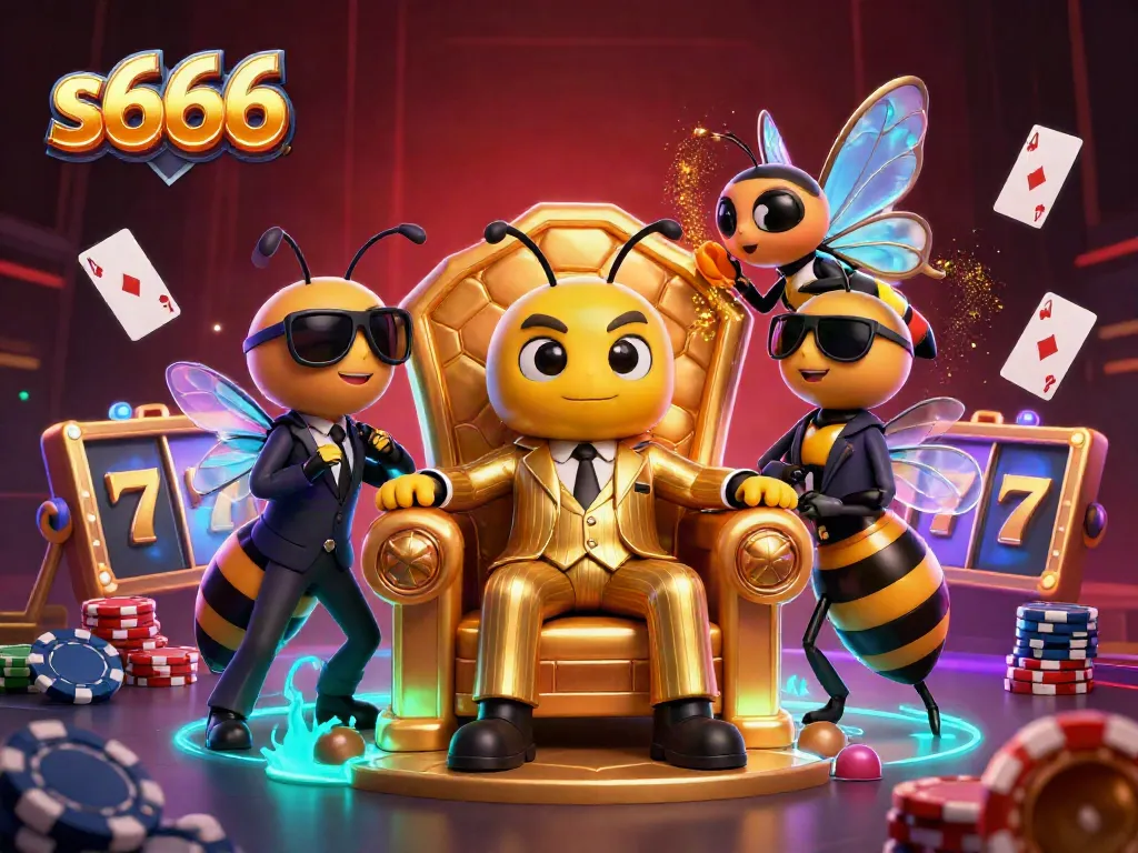 Place bets and spin the reels at s666's vibrant online casino, featuring a cartoon mob boss and thrilling gaming elements.