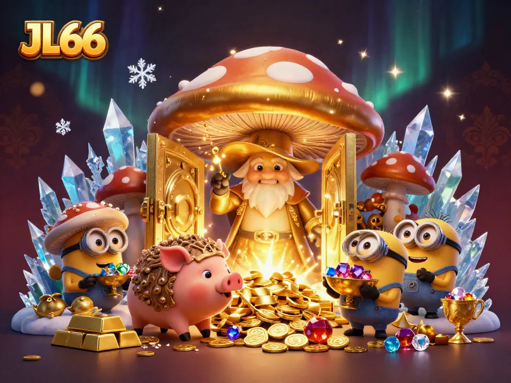 Experience the magic of JL66 with golden treasures and enchanting characters in a dynamic casino scene.