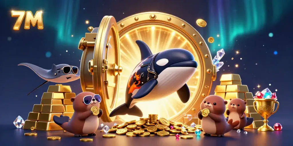 Engage with 7M's dynamic gambling adventures featuring a cartoon orca and stingray in a vibrant underwater scene.