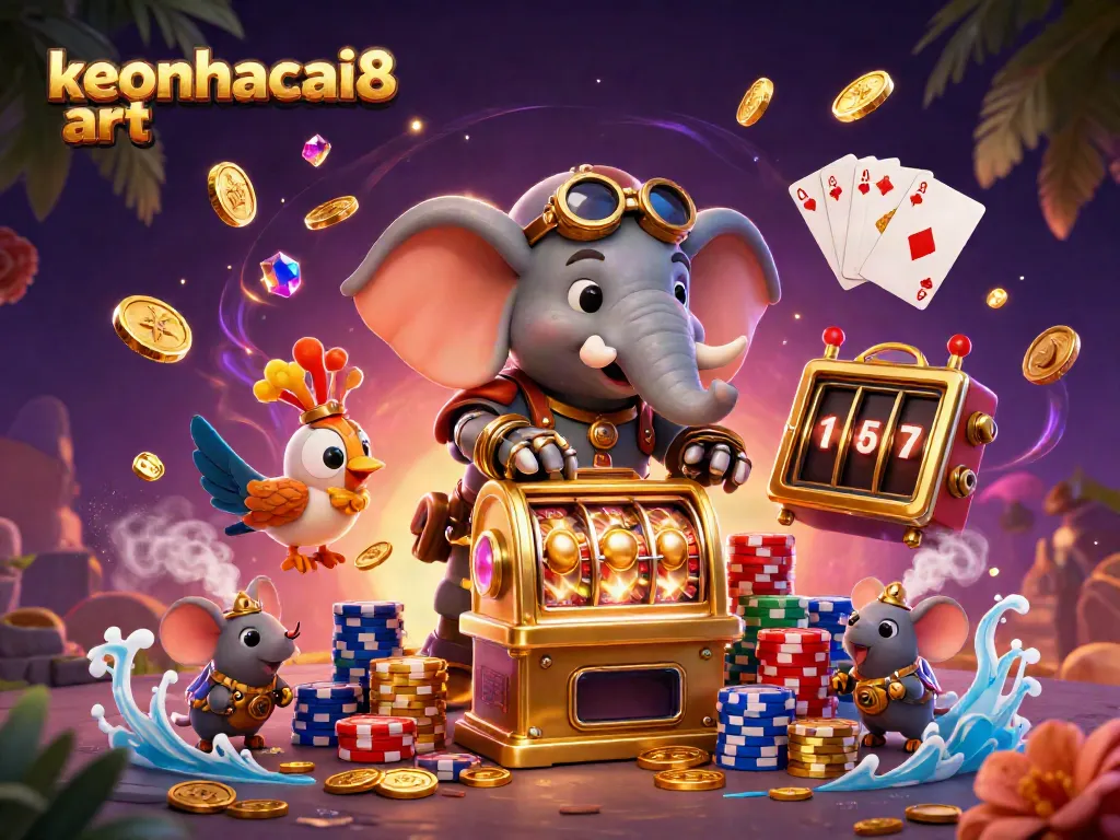 Celebrate big wins at keonhacai8 art with a steampunk elephant at the golden slot machine.