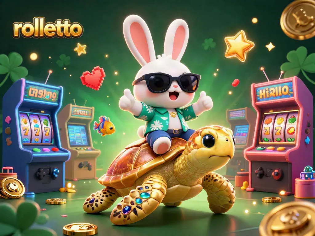 Experience Rolletto's exciting casino scene with a lucky rabbit and golden turtle in a vibrant game environment.