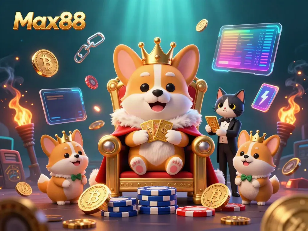 Bet on Max88 with a royal corgi throne and vibrant illuminated gaming elements.