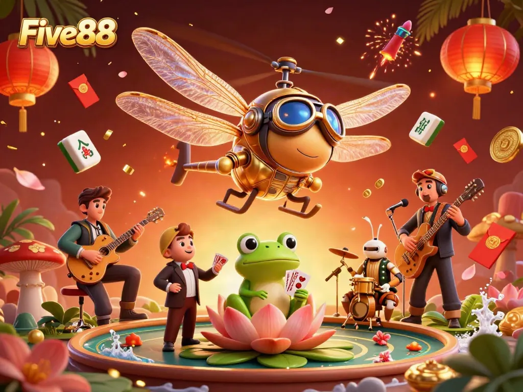 Experience Five88's thrilling casino atmosphere with a dragonfly pilot and frog croupier amidst vibrant gaming elements.