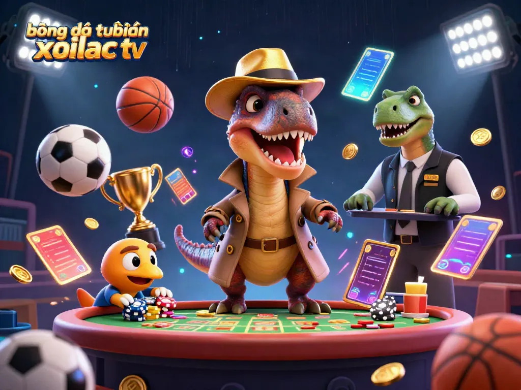 Bóng đá trực tuyến xoilac tv showcases a dynamic 3D scene of a velociraptor card counter at a sports betting table with a stegosaurus pit boss.