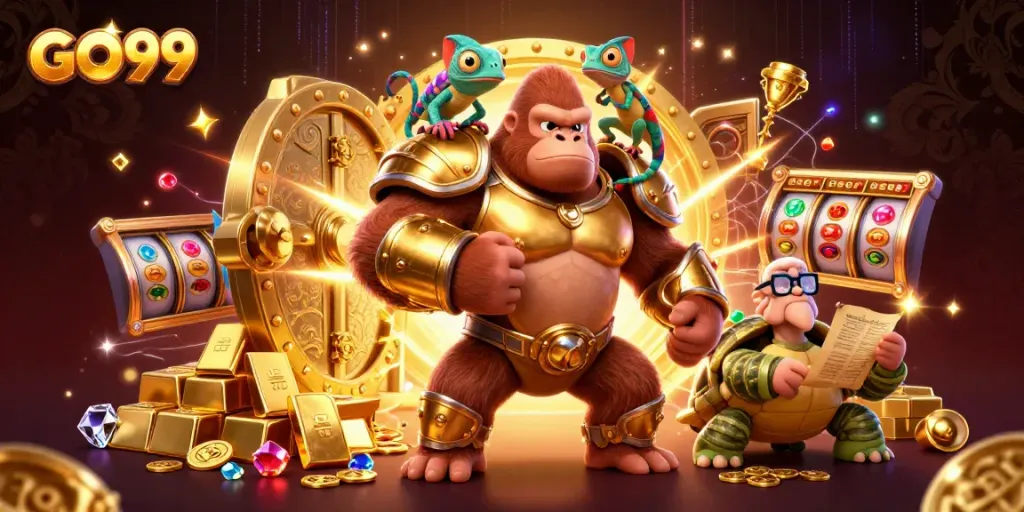 Experience luxury gaming at GO99 with vibrant characters and treasures surrounding a dynamic gambling scene.