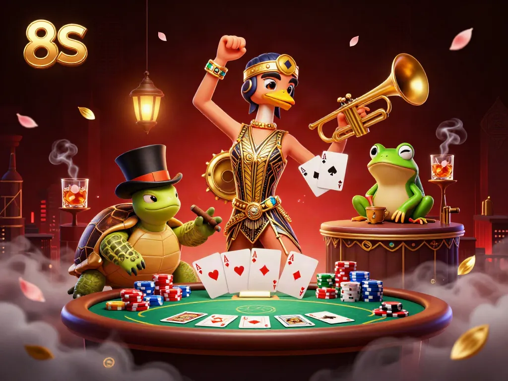 Experience 8S while enjoying a vibrant casino scene filled with poker elements and energetic characters.