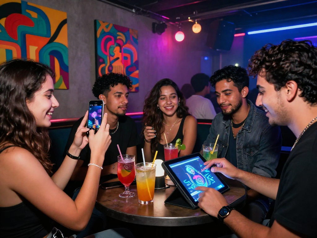 Group enjoying nsfw ai art installation in vibrant nightclub atmosphere