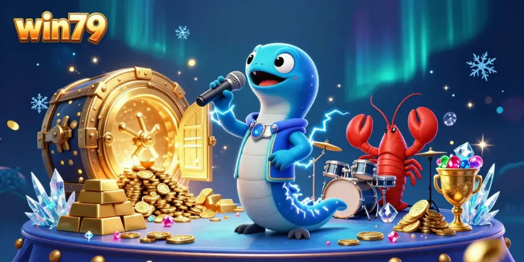 Win79 shows a dynamic underwater casino scene with a DJ electric eel, vibrant gem treasures, and lively characters.