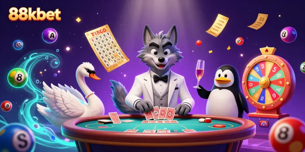 88kbet captivates players with a lively casino illustration featuring a debonair wolf at a baccarat table.