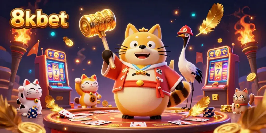 Experience thrilling gameplay with 8xbet's vibrant illustrated scene featuring lucky characters and casino elements.