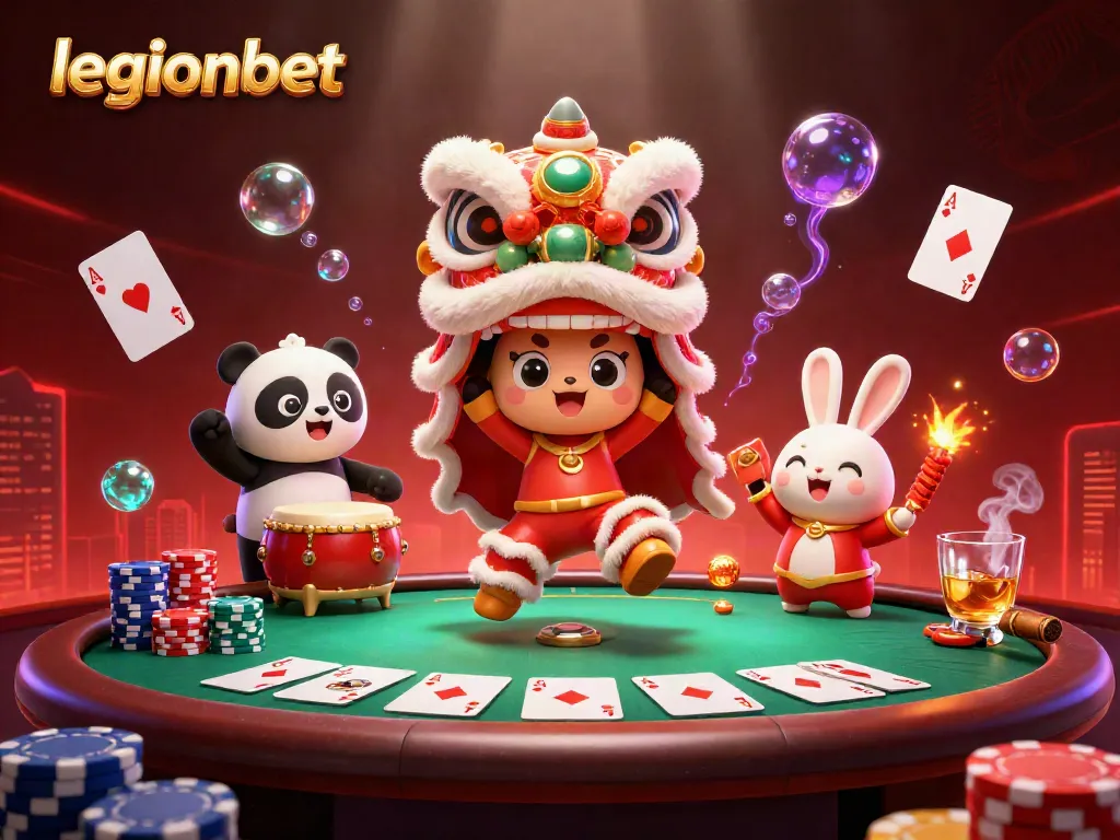 Engage in thrilling action at legionbet Casino with 3D vibrant lion dance, poker, and festive elements.