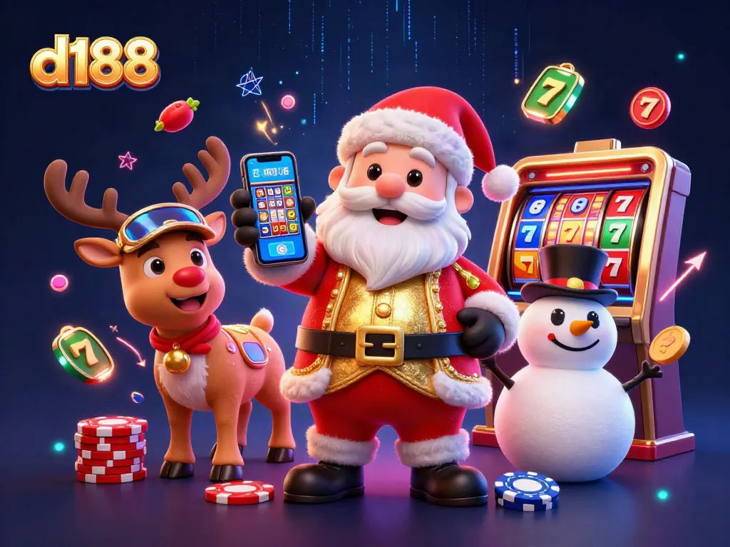 Win big with d188 casino's vibrant slots and festive characters in a 3D illustration.