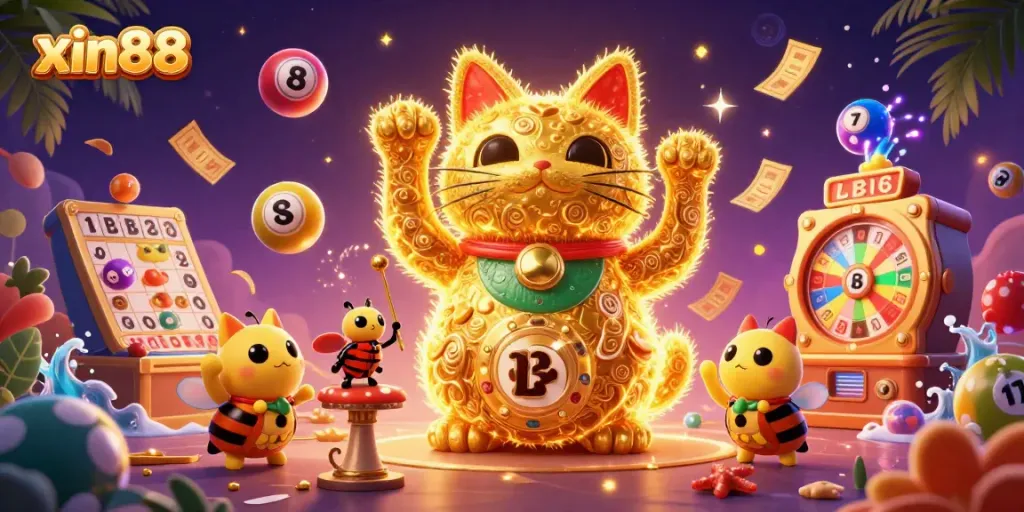 Experience the vibrant world of xin88 through a captivating 3D illustration of a lucky cat and casino symbols.