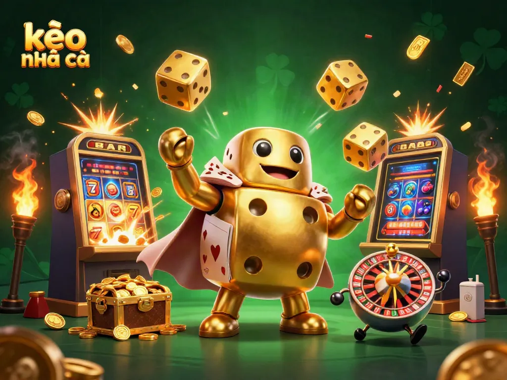 Engage with exciting kèo nhà cái action in a vibrant 3D casino scene bursting with dice, slot machines, and gold.