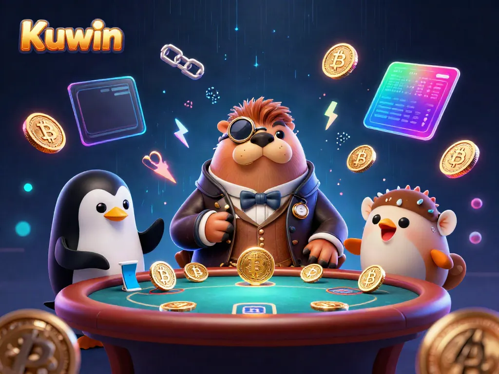 Kuwin showcases a whimsical underwater poker game featuring a walrus in a Victorian outfit, a penguin dealer, and a bluffing pufferfish, complemented by crypto elements.