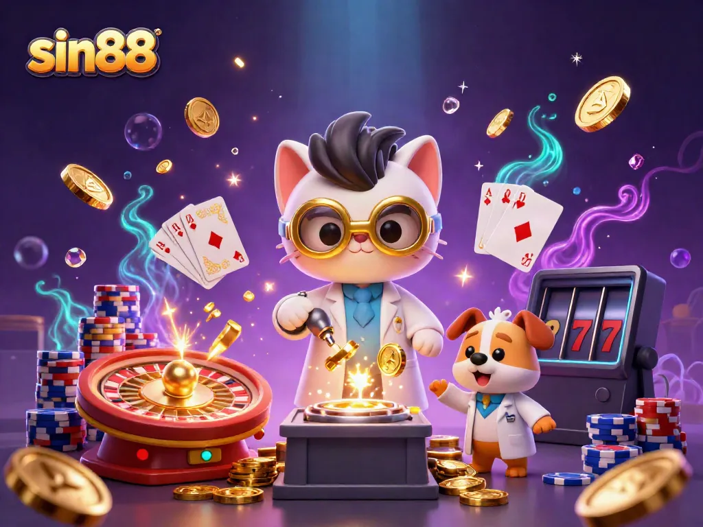 Spin big wins with sin88 at a lively casino scene featuring a mad scientist cat and his dog assistant.