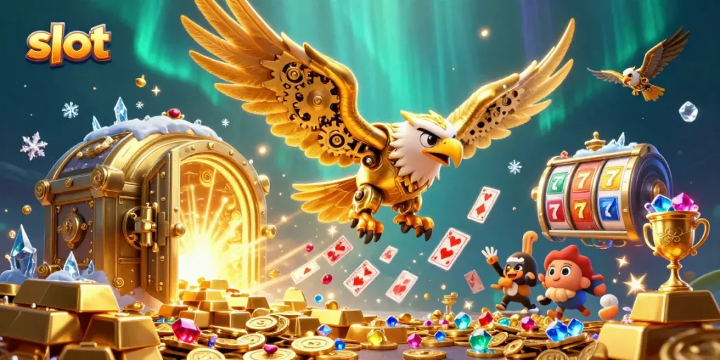 Experience thrilling slot gaming action with holographic cards, cybernetic eagle, and treasure in dynamic 3D illustration.