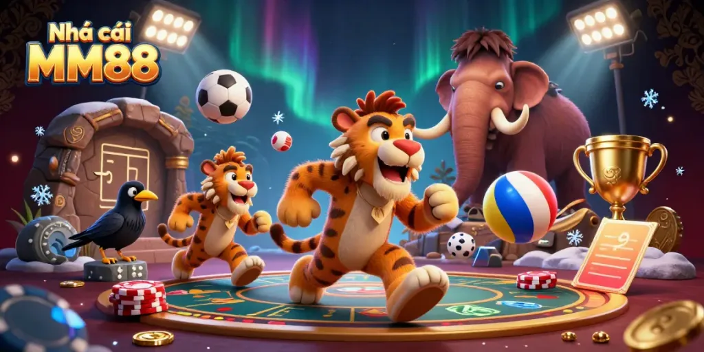 Play at Nhà cái MM88 with thrilling prehistoric casino characters, surrounded by sports balls and exciting game elements.