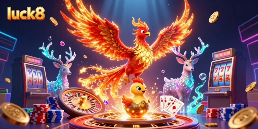 Play slots and win big with luck8 while experiencing a vibrant casino atmosphere featuring a fire phoenix.