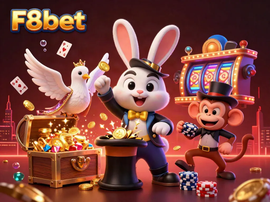 Experience magical winnings with F8bet's vibrant casino adventure led by a cartoon magician and friends.