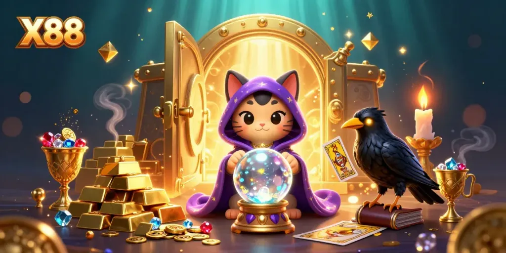 Experience mystical fortune-telling action with X88's vibrant casino scene featuring magical creatures.