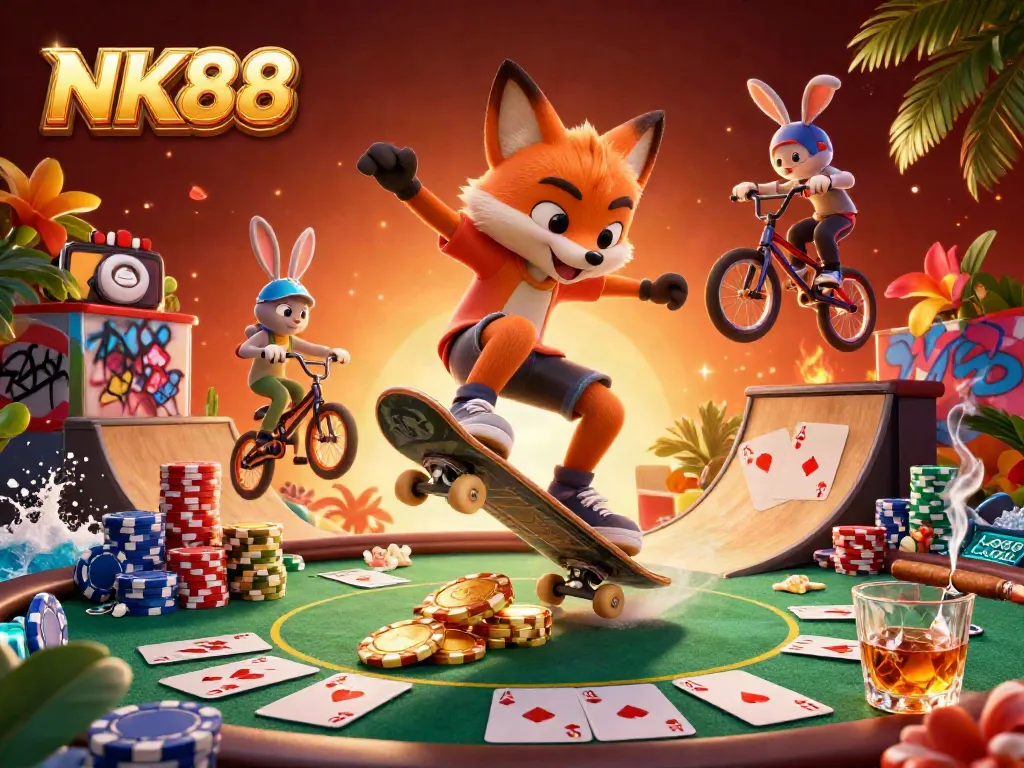 Experience thrilling action with NK88 as a cartoon fox and rabbit showcase their moves at a vibrant casino scene.