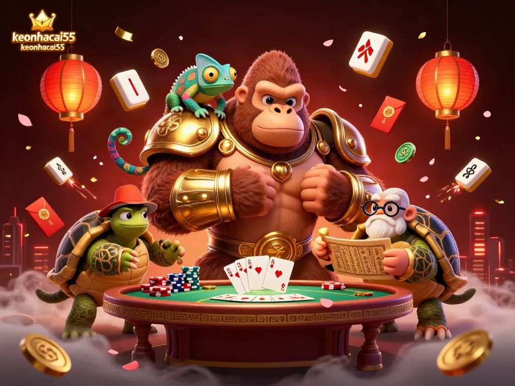A dynamic scene with keonhacai55 showcasing a gorilla king and friends at a vibrant poker table.