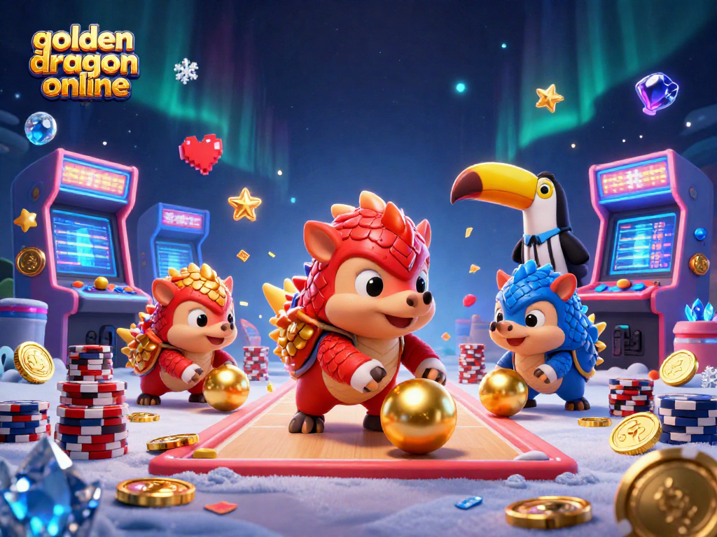 Engage with golden dragon online in this vibrant 3D cartoon scene featuring playful pangolins and casino elements.