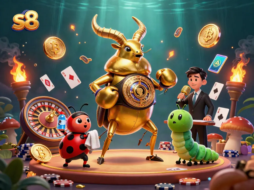 Experience the excitement of s8 with a golden beetle boxing champion amidst poker elements and crypto coins.