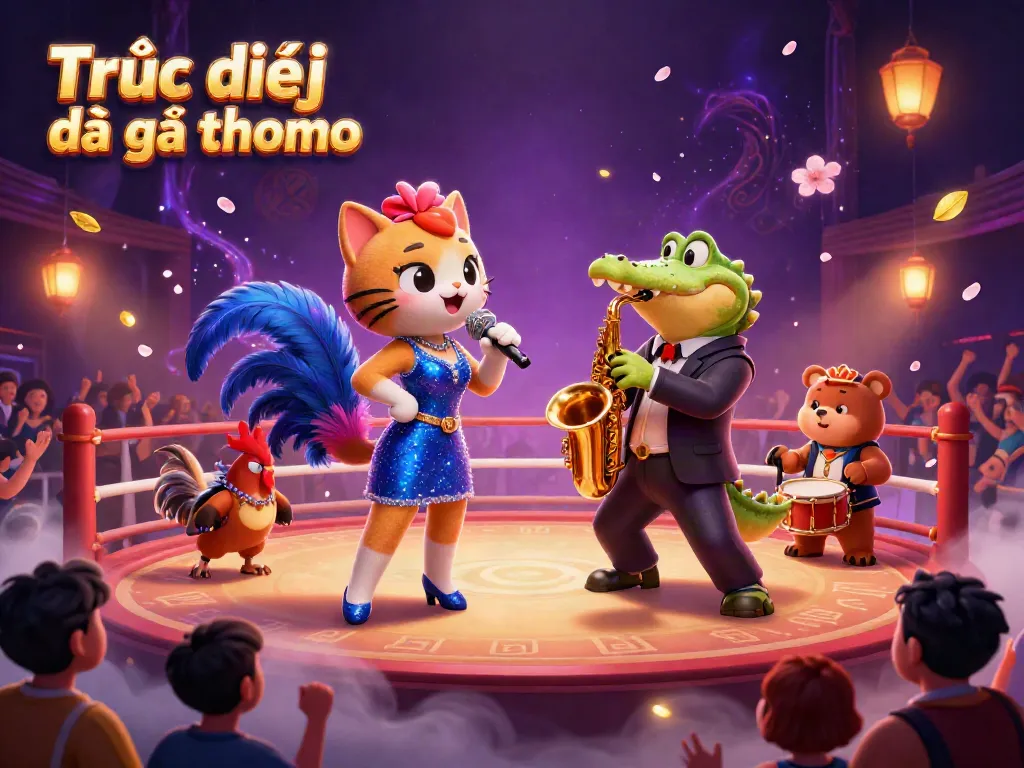 Engage in Trực tiếp đá gà thomo with electrifying cockfighting action surrounded by dynamic animated characters.
