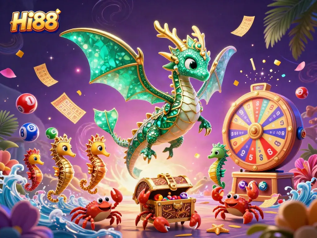 Immerse in Hi88's vibrant online gambling scene with a fantastical dragon and treasure elements.
