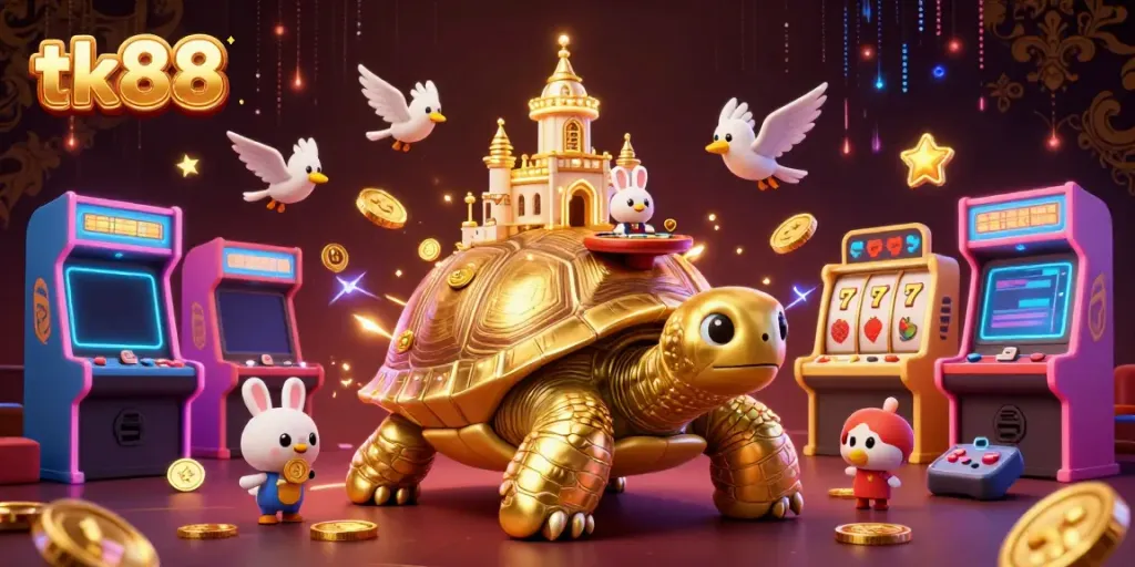 Experience the vibrant tk88 casino world with a stunning golden tortoise and dynamic game elements.