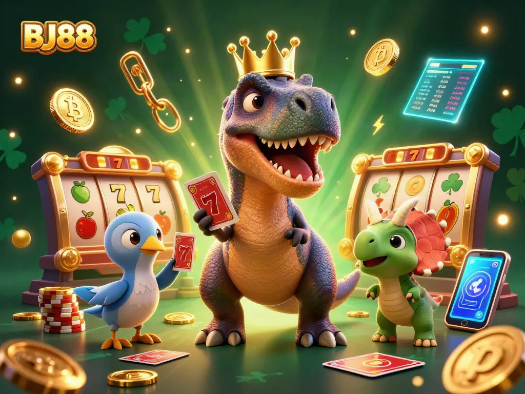 BJ88 casino illustration showing a T-Rex and friends engaging in gambling with vibrant game elements.