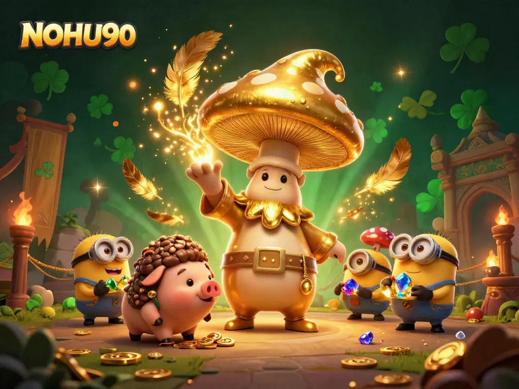 Win big with NOHU90 as golden mushroom characters bring luck and treasures in a vibrant casino scene.