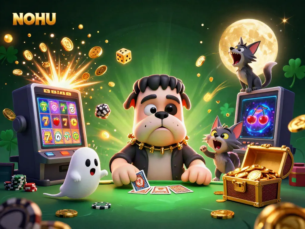 Experience the excitement of NOHU with a 3D cartoon scene featuring gambling characters and a bustling casino environment.