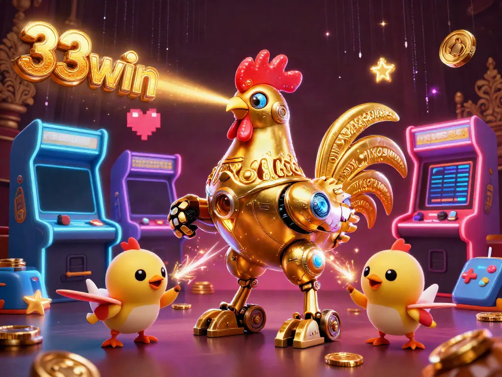 Engage with the vibrant universe of 33win, featuring a golden rooster robot and arcade machines, embodying online gaming excitement.