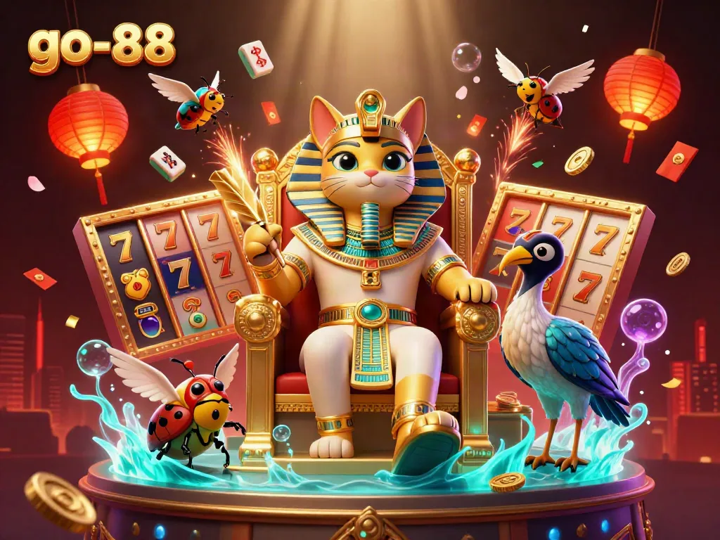 Engage in exciting gaming at go-88 with a vibrant illustration of an Egyptian pharaoh cat and slot games.