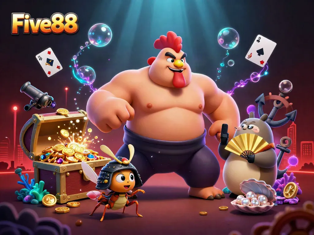 Engaging Five88 casino scene with vibrant characters and dynamic gaming elements, capturing excitement.