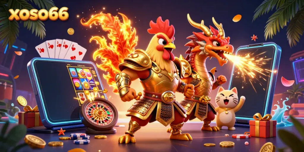 Experience thrilling gaming with xoso66 featuring a dynamic rooster warrior and dragon in an immersive casino scene.