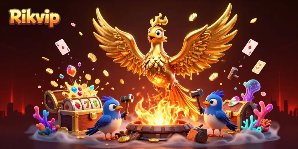 Experience thrilling gameplay with the Rikvip golden phoenix surrounded by vibrant casino elements.