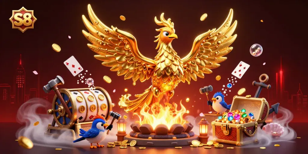Experience the thrilling S8 casino adventure with vibrant golden phoenix and treasure elements.